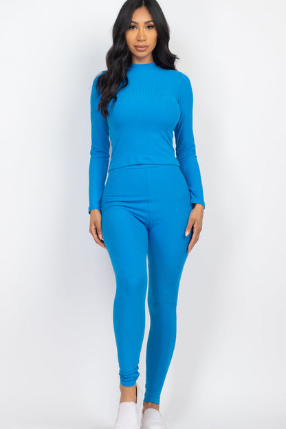 Ribbed Mock Neck Long Sleeve Top & Leggings Set (CAPELLA) - Capella Apparel