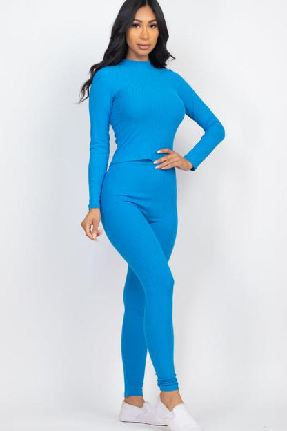 Ribbed Mock Neck Long Sleeve Top & Leggings Set - Capella Apparel Wholesale