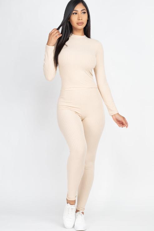 Ribbed Mock Neck Long Sleeve Top & Leggings Set - Capella Apparel Wholesale