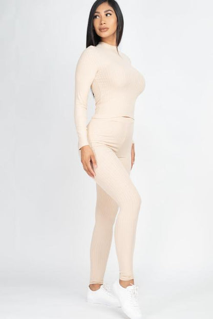 Ribbed Mock Neck Long Sleeve Top & Leggings Set - Capella Apparel Wholesale