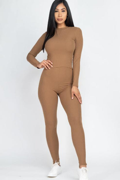 Ribbed Mock Neck Long Sleeve Top & Leggings Set - Capella Apparel Wholesale