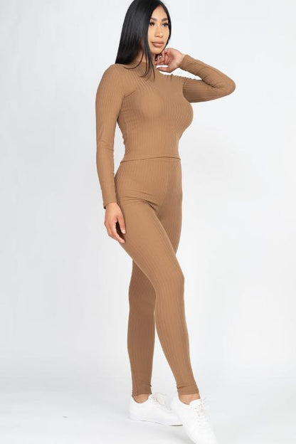 Ribbed Mock Neck Long Sleeve Top & Leggings Set - Capella Apparel Wholesale