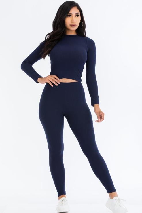 Ribbed Mock Neck Long Sleeve Top & Leggings Set - Capella Apparel Wholesale