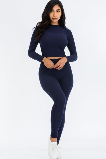 Ribbed Mock Neck Long Sleeve Top & Leggings Set - Capella Apparel Wholesale