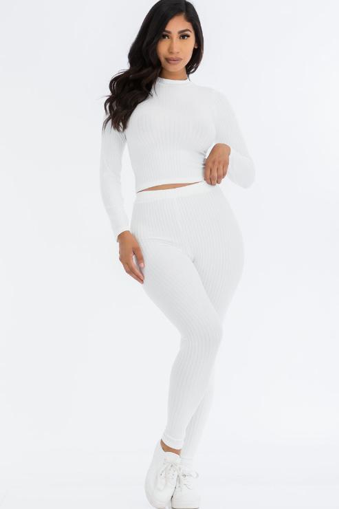 Ribbed Mock Neck Long Sleeve Top & Leggings Set - Capella Apparel Wholesale