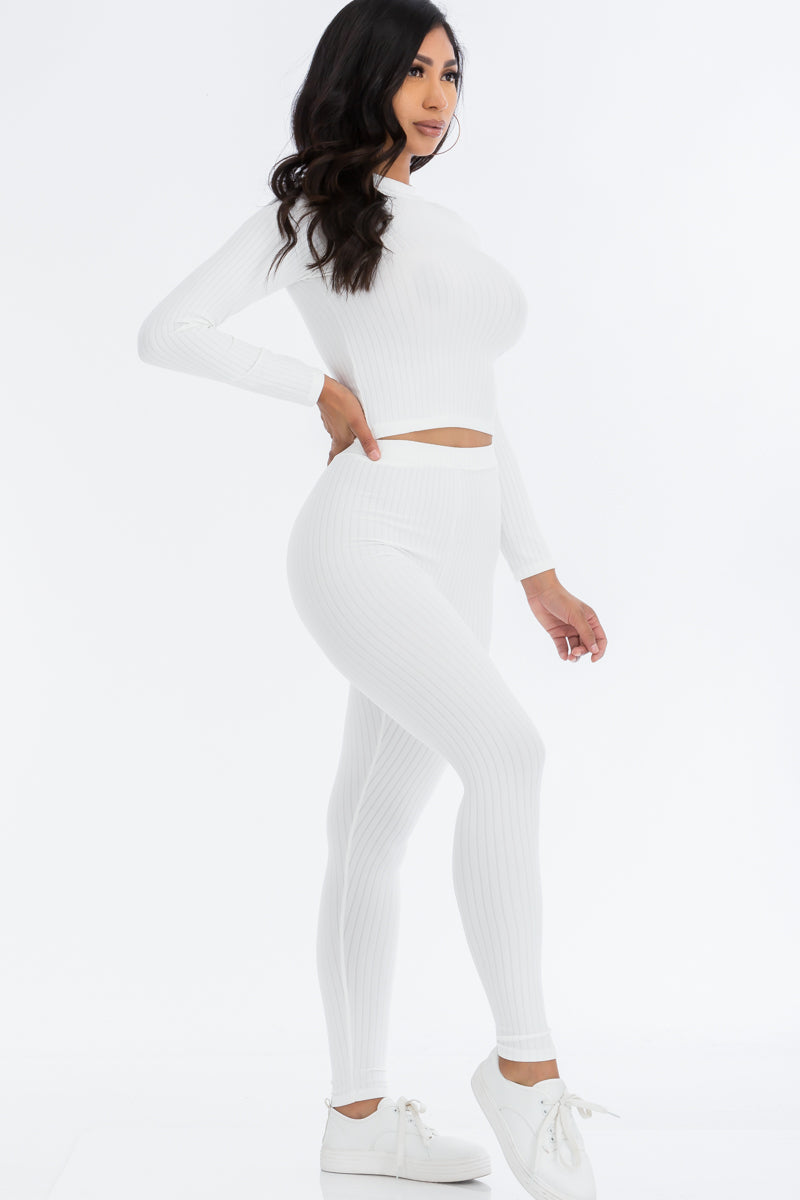 Ribbed Mock Neck Long Sleeve Top & Leggings Set (CAPELLA) - Capella Apparel