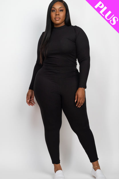 Plus Size Ribbed Mock Neck Long Sleeve Top & Leggings Set - Capella Apparel Wholesale