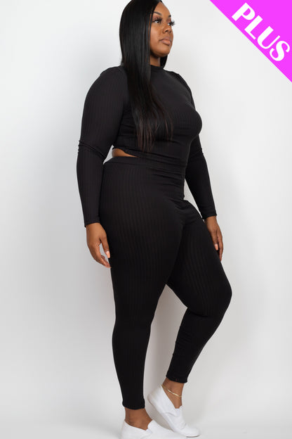 Plus Size Ribbed Mock Neck Long Sleeve Top & Leggings Set - Capella Apparel Wholesale