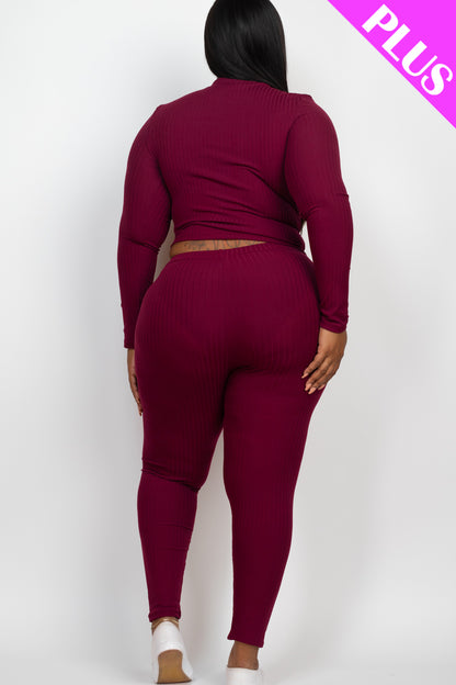 Plus Size Ribbed Mock Neck Long Sleeve Top & Leggings Set - Capella Apparel Wholesale