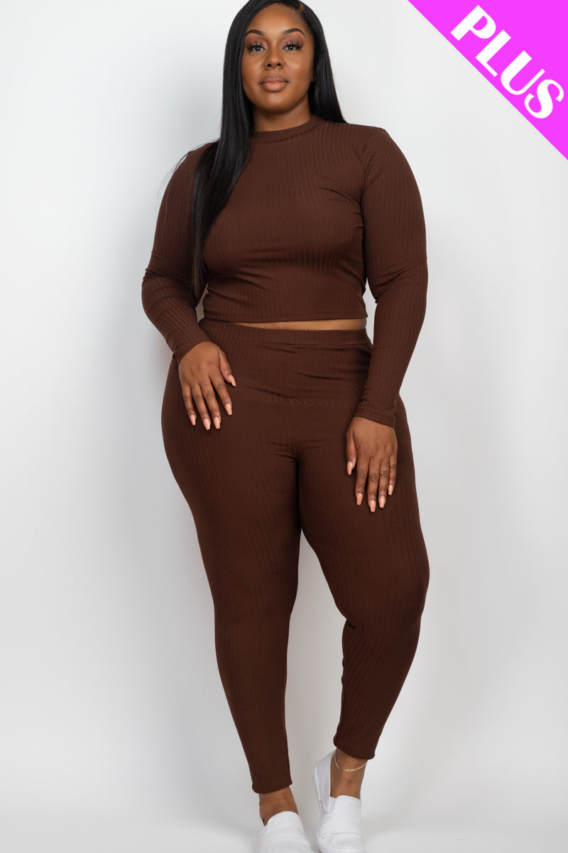 Plus Size Ribbed Mock Neck Long Sleeve Top & Leggings Set - Capella Apparel Wholesale