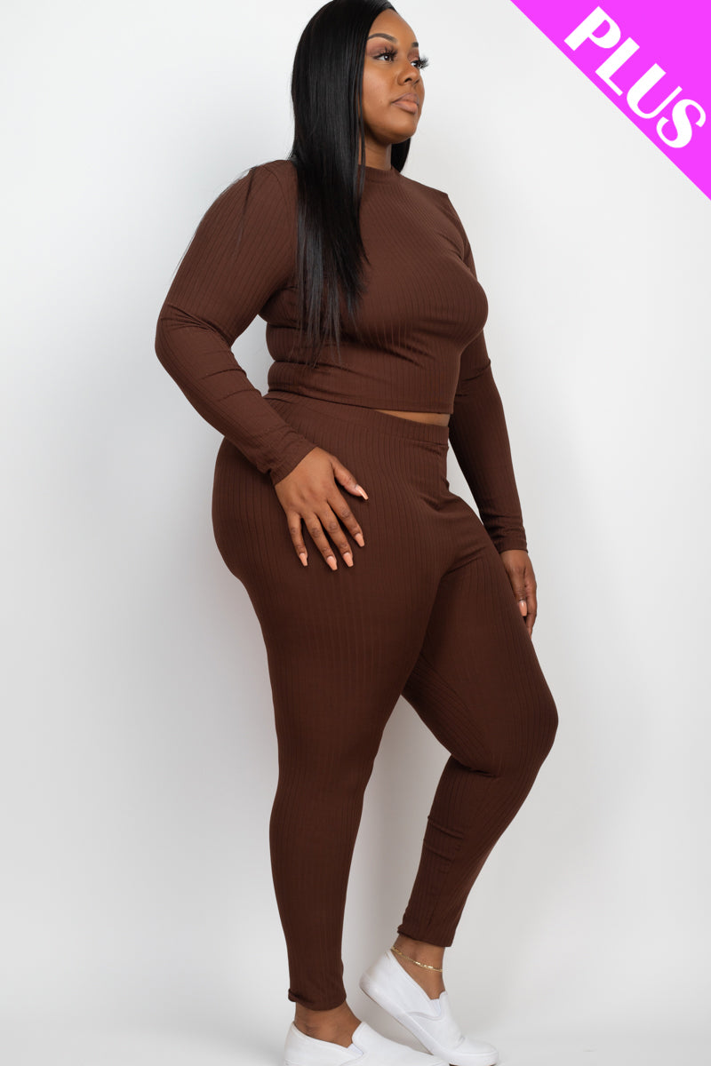 Plus Size Ribbed Mock Neck Long Sleeve Top & Leggings Set - Capella Apparel Wholesale