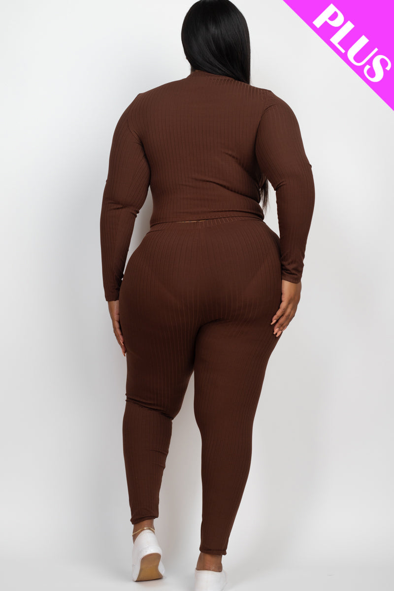 Plus Size Ribbed Mock Neck Long Sleeve Top & Leggings Set - Capella Apparel Wholesale