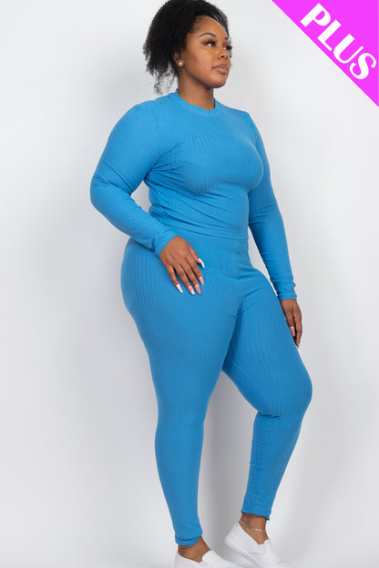 Plus Size Ribbed Mock Neck Long Sleeve Top & Leggings Set - Capella Apparel Wholesale