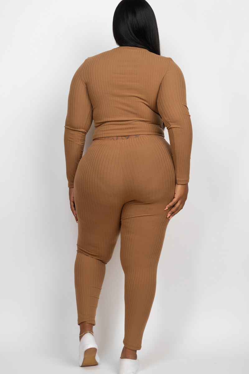 Plus Size Ribbed Mock Neck Long Sleeve Top & Leggings Set - Capella Apparel Wholesale