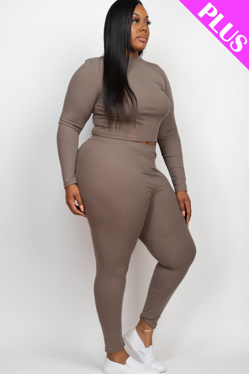 Plus Size Ribbed Mock Neck Long Sleeve Top & Leggings Set - Capella Apparel Wholesale