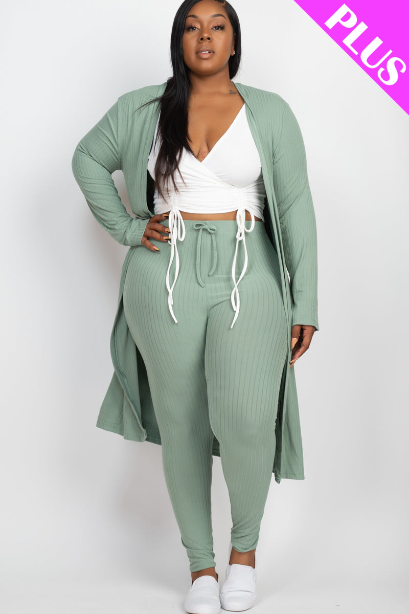 Plus Size Ribbed Long Cardigan & Leggings Set - Capella Apparel Wholesale