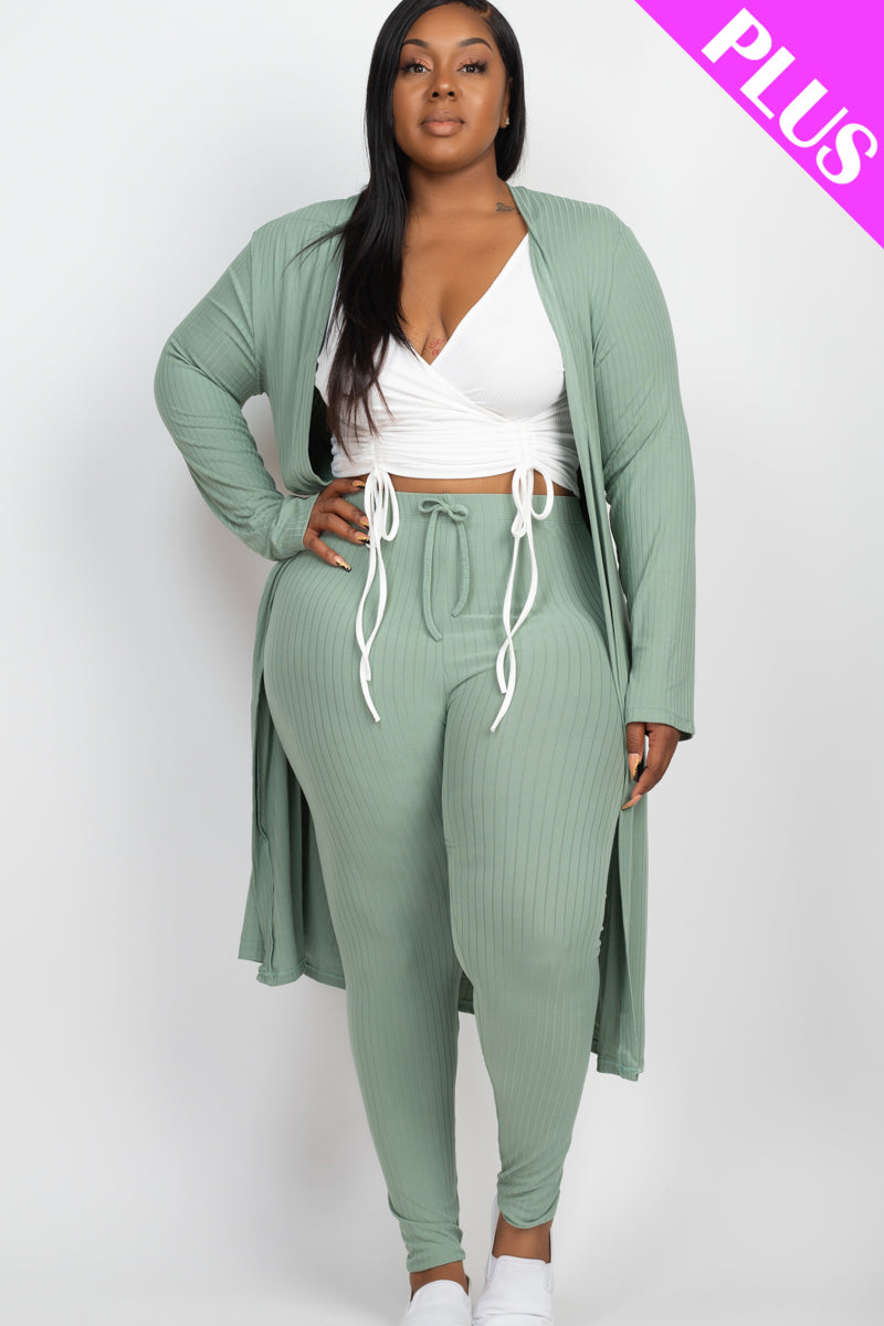 Plus Size Ribbed Long Cardigan & Leggings Set - Capella Apparel Wholesale