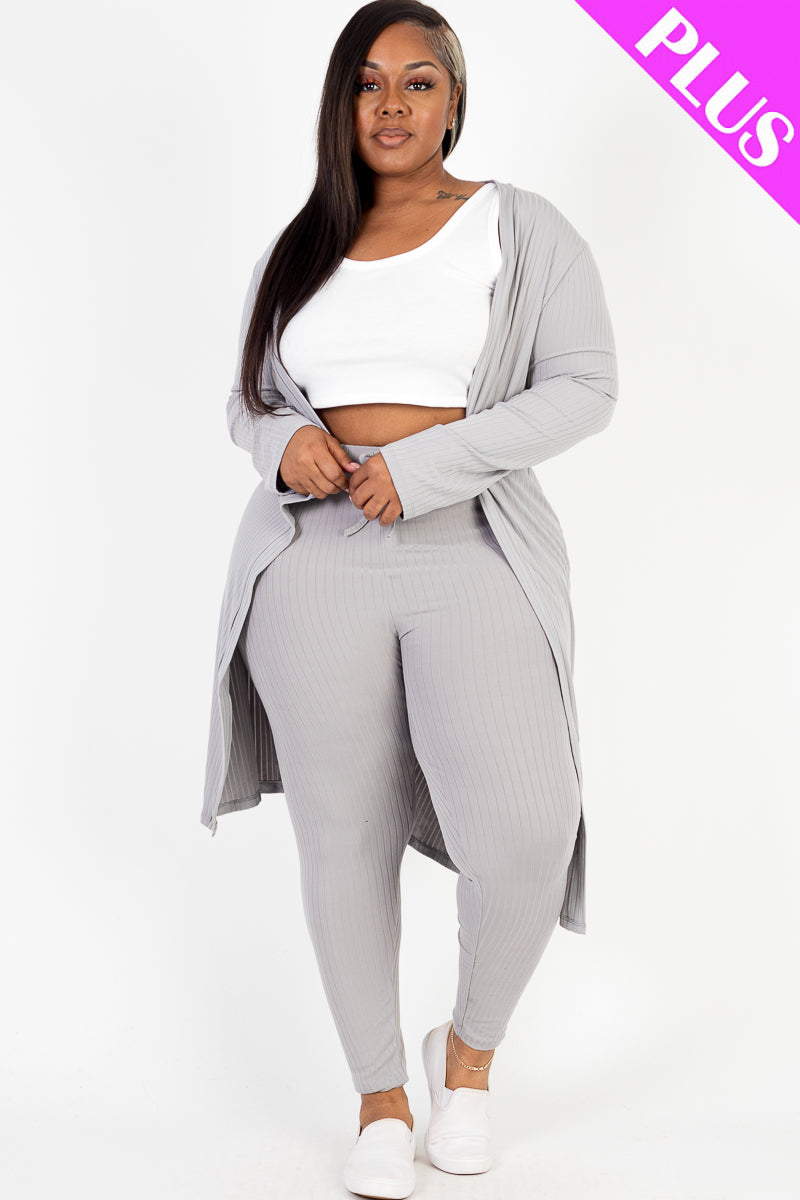 Plus Size Ribbed Long Cardigan & Leggings Set - Capella Apparel Wholesale