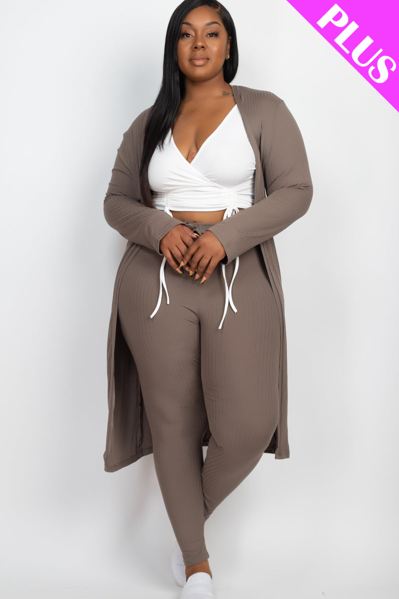 Plus Size Ribbed Long Cardigan & Leggings Set - Capella Apparel Wholesale