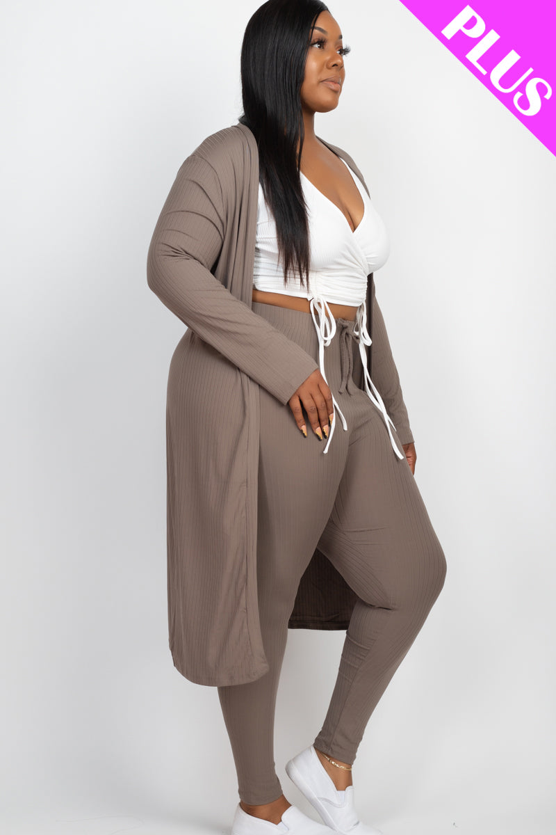 Plus Size Ribbed Long Cardigan & Leggings Set - Capella Apparel Wholesale