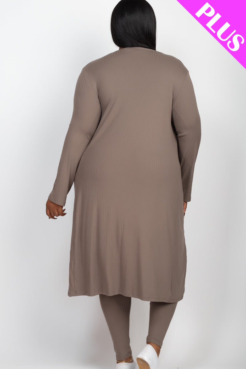 Plus Size Ribbed Long Cardigan & Leggings Set - Capella Apparel Wholesale