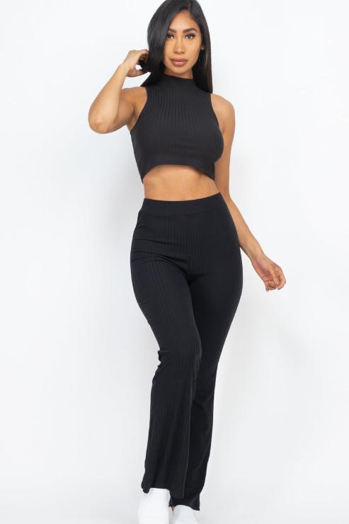 Ribbed Mock Neck Crop Tank Top & Bootcut Pants Set - Wholesale Capella Apparel