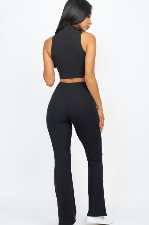 Ribbed Mock Neck Crop Tank Top & Bootcut Pants Set - Wholesale Capella Apparel