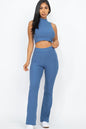 Ribbed Mock Neck Crop Tank Top & Bootcut Pants Set - Wholesale Capella Apparel