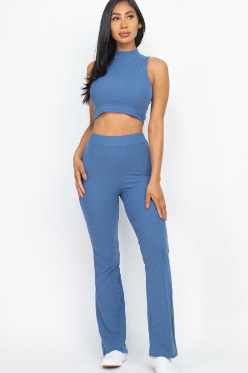 Ribbed Mock Neck Crop Tank Top & Bootcut Pants Set - Wholesale Capella Apparel