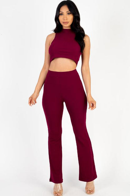 Ribbed Mock Neck Crop Tank Top & Bootcut Pants Set - Wholesale Capella Apparel