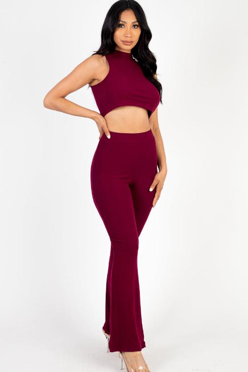 Ribbed Mock Neck Crop Tank Top & Bootcut Pants Set - Wholesale Capella Apparel