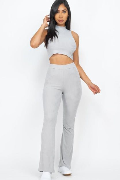 Ribbed Mock Neck Crop Tank Top & Bootcut Pants Set - Wholesale Capella Apparel