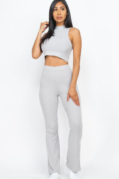 Ribbed Mock Neck Crop Tank Top & Bootcut Pants Set - Wholesale Capella Apparel