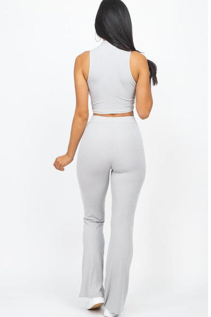 Ribbed Mock Neck Crop Tank Top & Bootcut Pants Set - Wholesale Capella Apparel