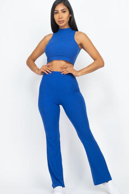 Ribbed Mock Neck Crop Tank Top & Bootcut Pants Set - Wholesale Capella Apparel