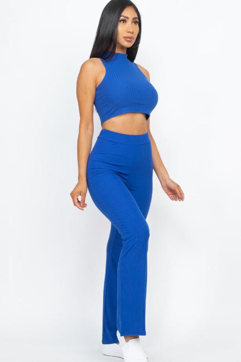 Ribbed Mock Neck Crop Tank Top & Bootcut Pants Set - Wholesale Capella Apparel