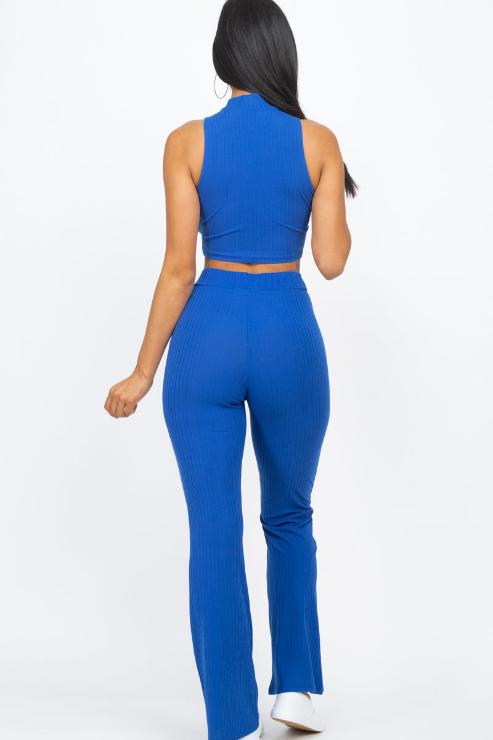 Ribbed Mock Neck Crop Tank Top & Bootcut Pants Set - Wholesale Capella Apparel