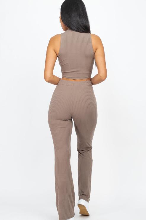 Ribbed Mock Neck Crop Tank Top & Bootcut Pants Set - Wholesale Capella Apparel