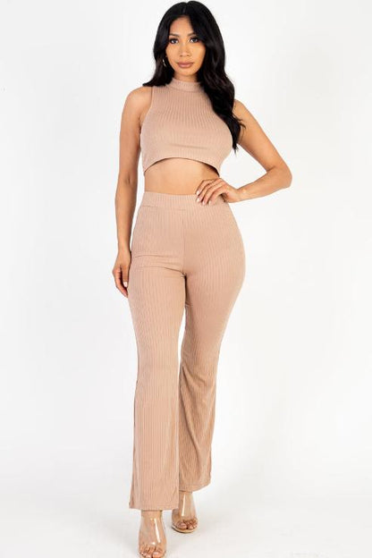 Ribbed Mock Neck Crop Tank Top & Bootcut Pants Set - Wholesale Capella Apparel