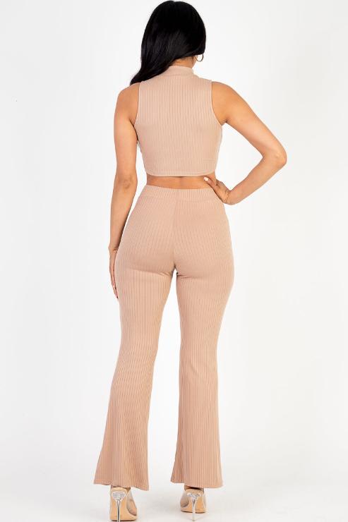 Ribbed Mock Neck Crop Tank Top & Bootcut Pants Set - Wholesale Capella Apparel