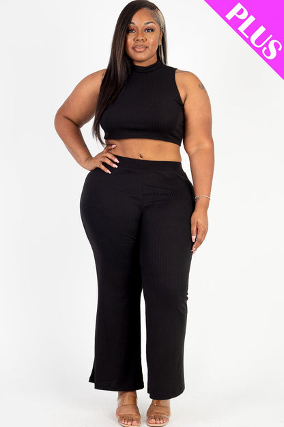 Plus Size Ribbed Mock Neck Crop Tank Top& Bootcut Pants Set (CAPELLA) - Capella Apparel