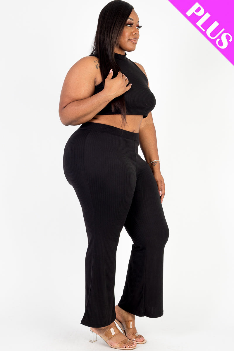 Plus Size Ribbed Mock Neck Crop Tank Top& Bootcut Pants Set - Capella Apparel