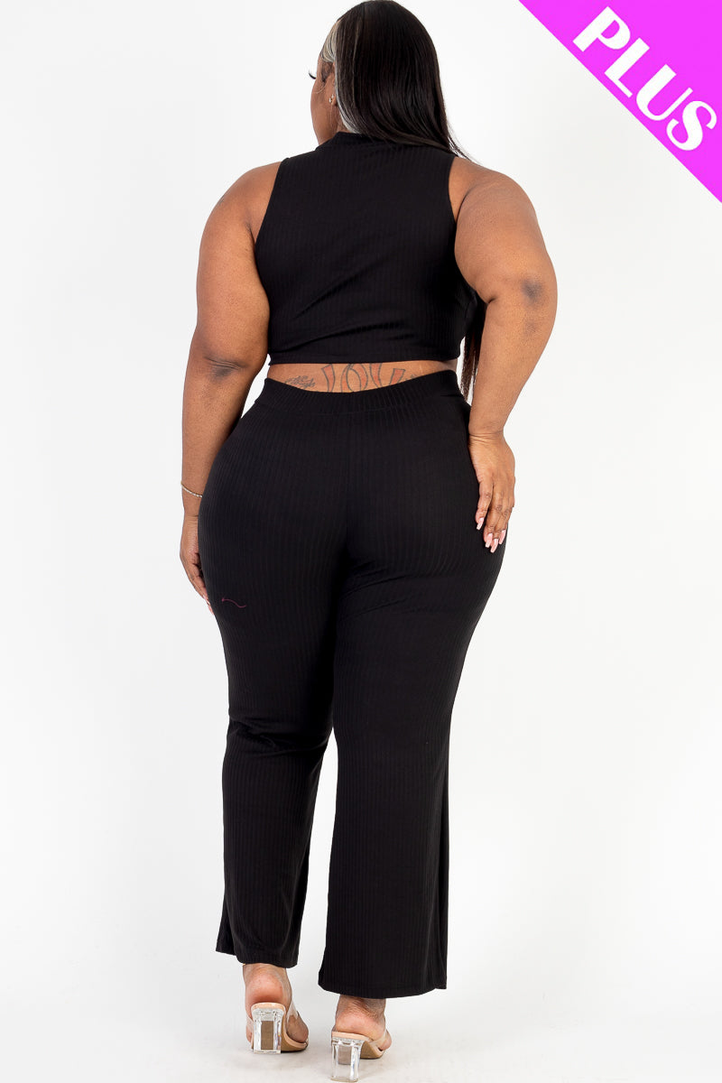 Plus Size Ribbed Mock Neck Crop Tank Top& Bootcut Pants Set - Capella Apparel