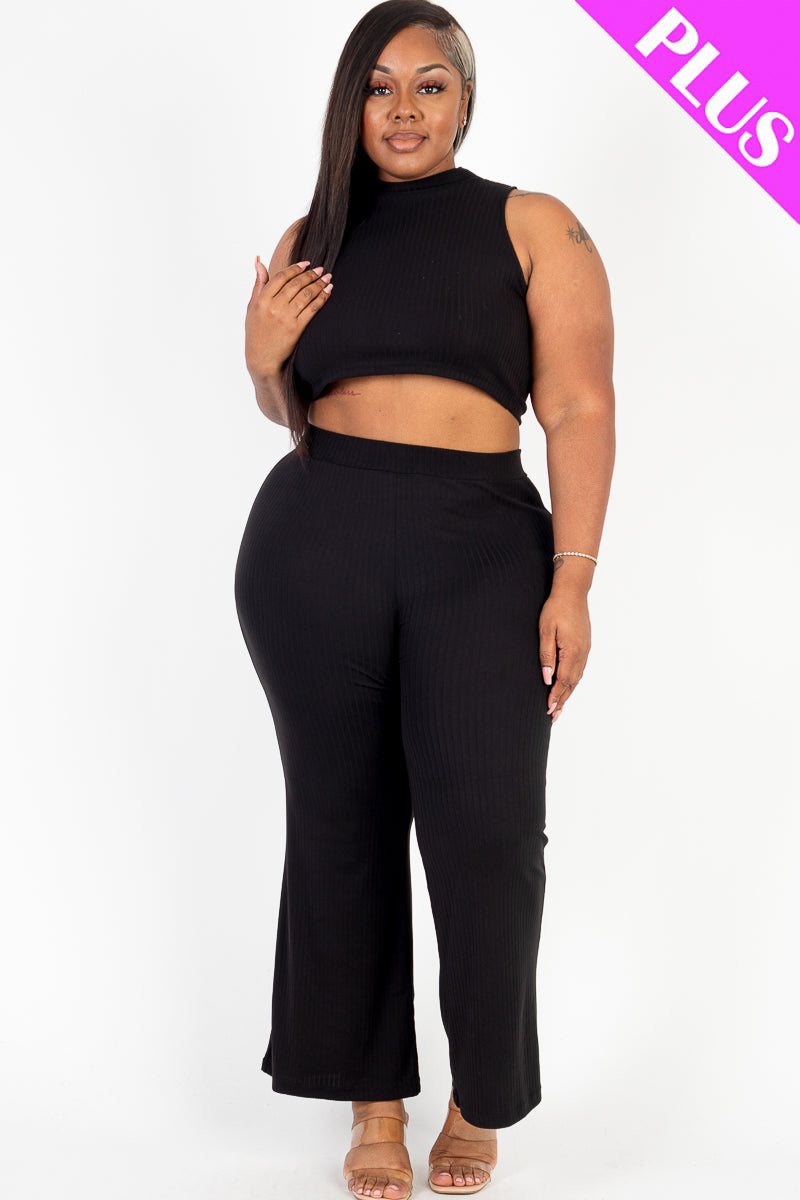 Plus Size Ribbed Mock Neck Crop Tank Top& Bootcut Pants Set - Capella Apparel