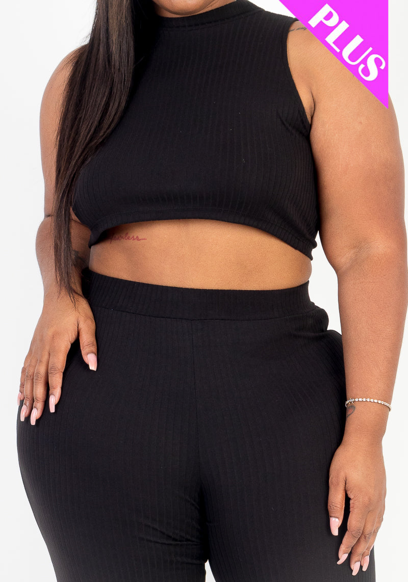 Plus Size Ribbed Mock Neck Crop Tank Top& Bootcut Pants Set - Capella Apparel