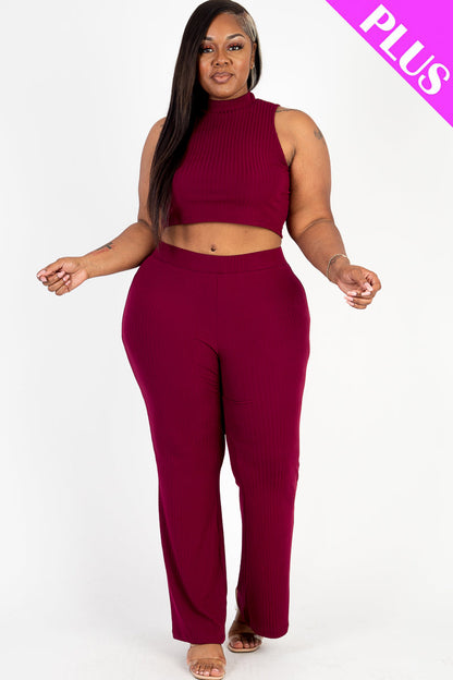 Plus Size Ribbed Mock Neck Crop Tank Top& Bootcut Pants Set (CAPELLA) - Capella Apparel