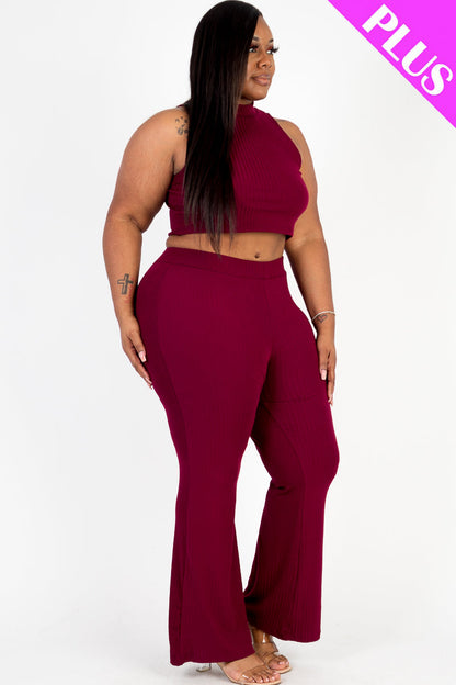 Plus Size Ribbed Mock Neck Crop Tank Top& Bootcut Pants Set (CAPELLA) - Capella Apparel