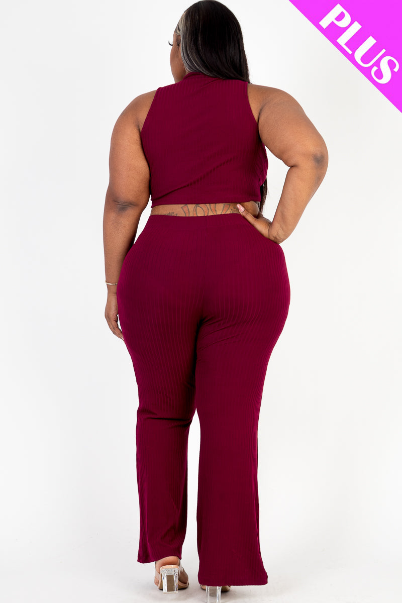 Plus Size Ribbed Mock Neck Crop Tank Top& Bootcut Pants Set (CAPELLA) - Capella Apparel