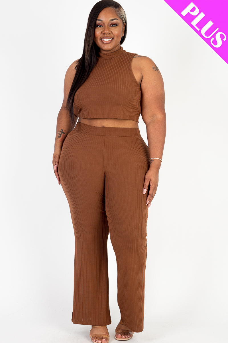 Plus Size Ribbed Mock Neck Crop Tank Top& Bootcut Pants Set - Capella Apparel