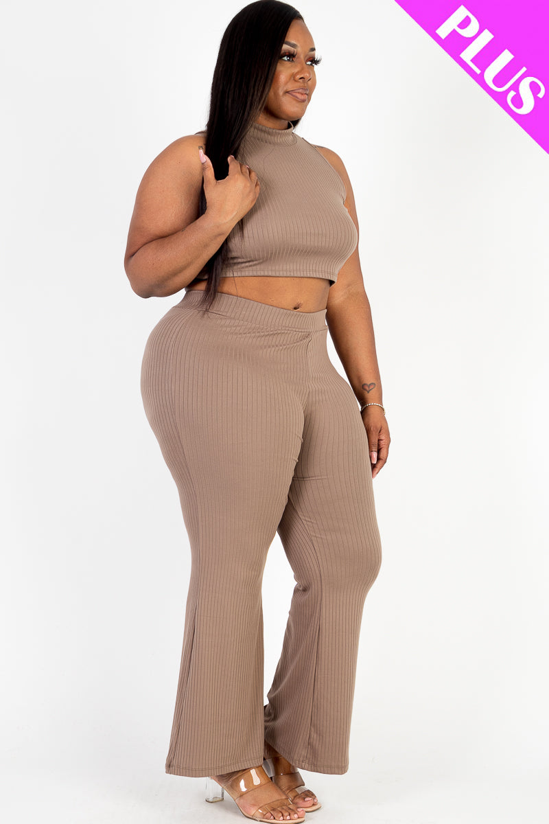 Plus Size Ribbed Mock Neck Crop Tank Top& Bootcut Pants Set - Capella Apparel